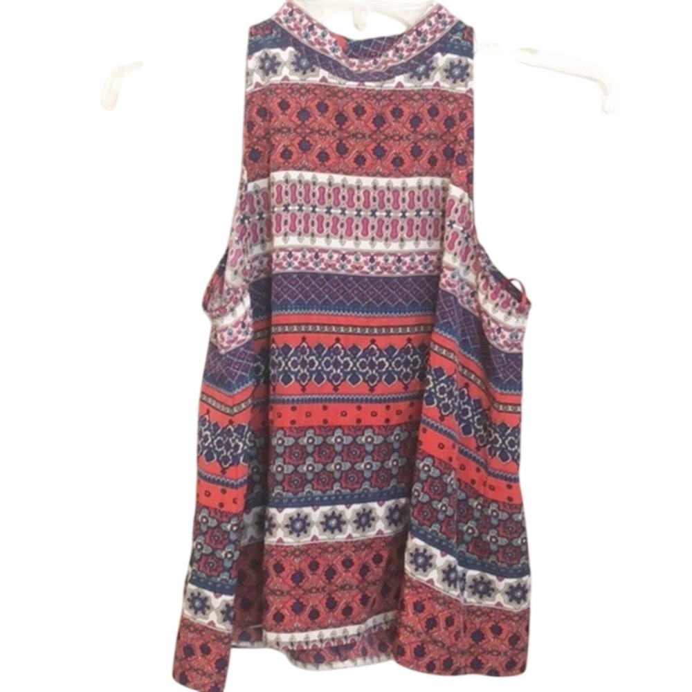 Paper Crane Womens Small Boho Mock Neck Sleeveless Geometric Print Tank Top Red